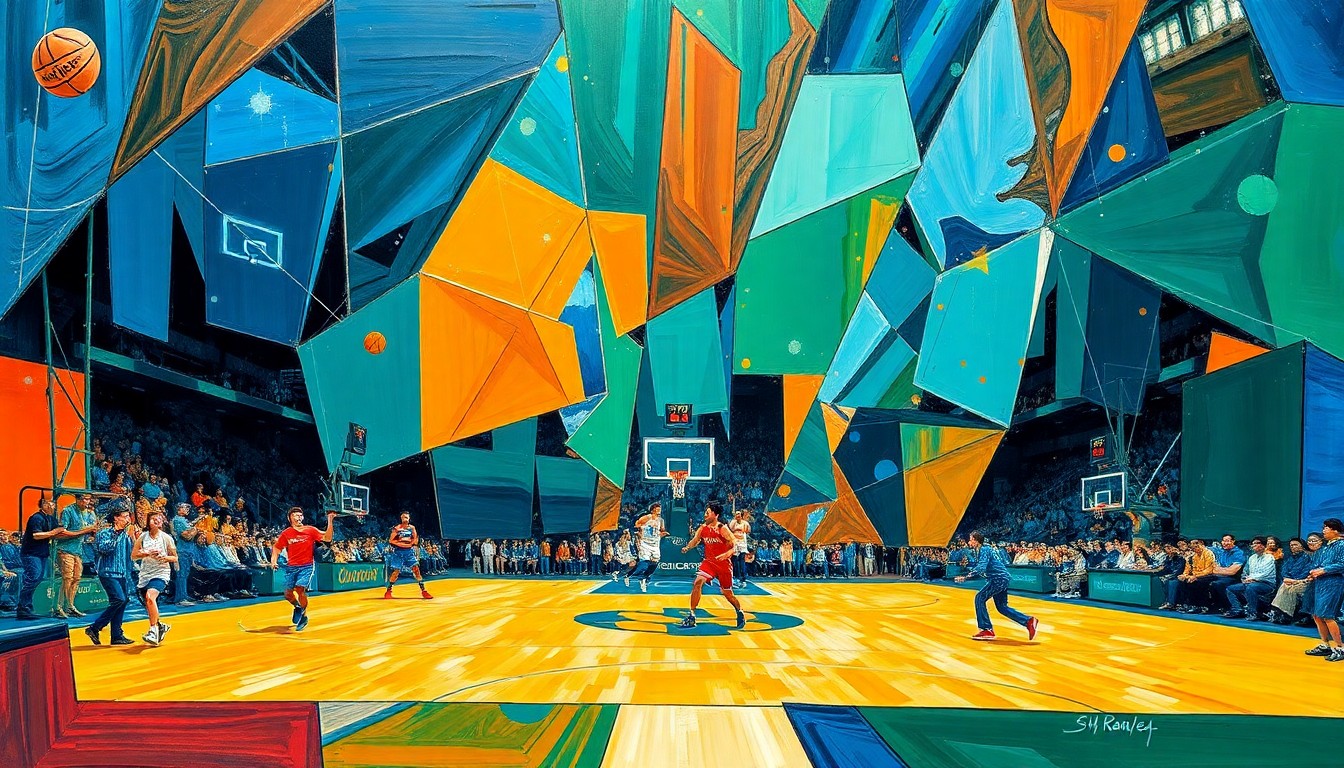 A fragmented, cubist-style painting depicting the action and energy of a college basketball game, with sharp geometric shapes and planes of color representing the players, the ball, and the court.