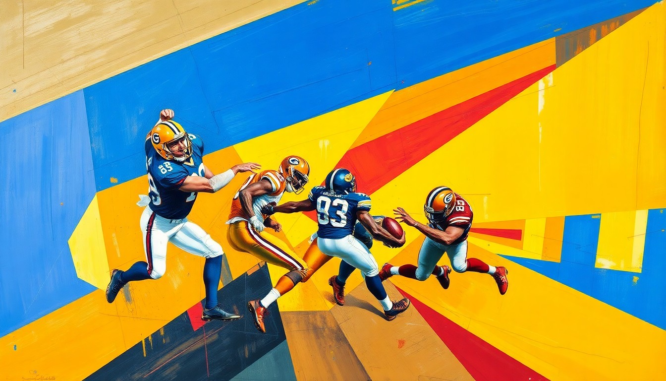 A cubist-style painting depicting a fragmented football defensive play, with sharp geometric shapes in vibrant colors representing the movement and energy of the game.