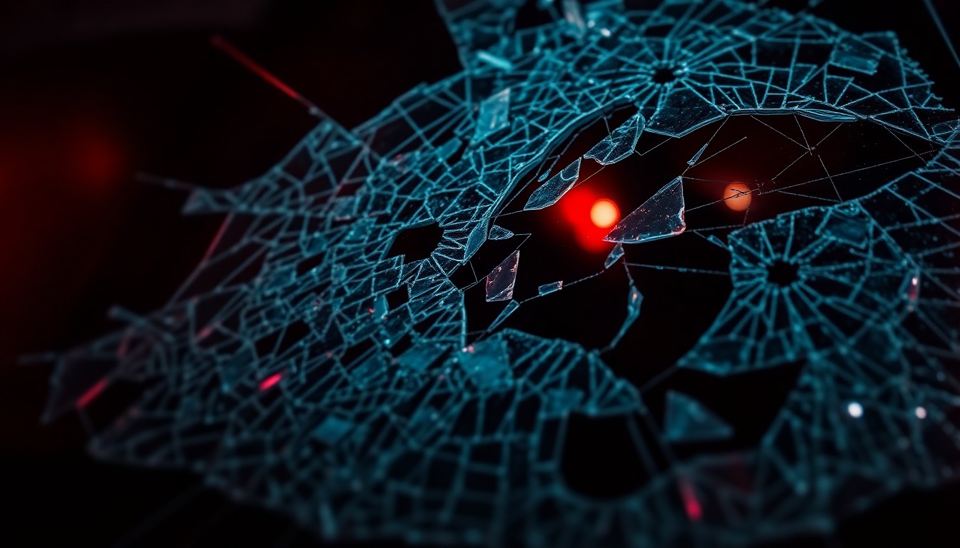 An extreme close-up photograph of shattered car window glass reflecting a faint red light, conveying the gritty, investigative nature of the incident without depicting any actual violence.