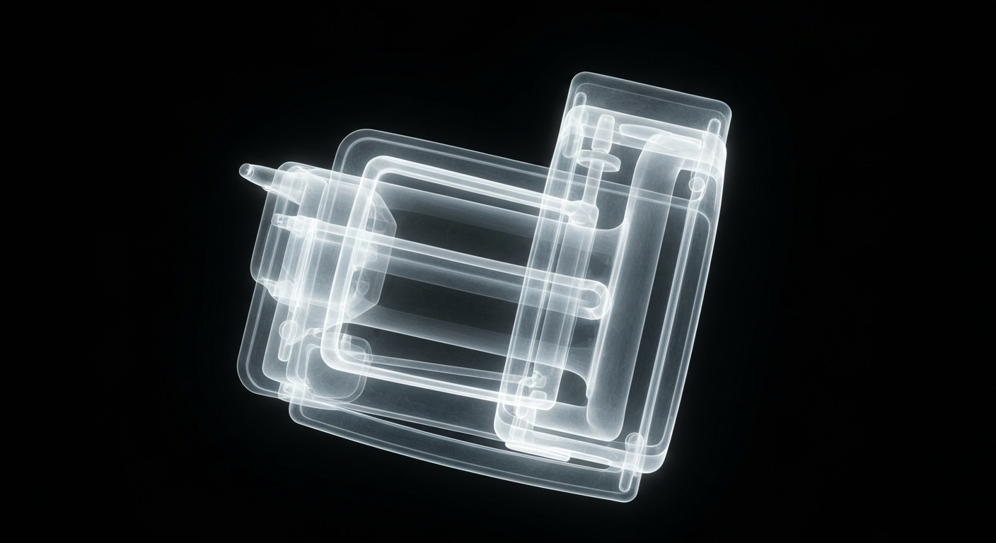 A translucent, ghostly X-ray image of a medical device or piece of healthcare technology, its internal structures glowing against a dark background, conveying the clinical and technological advancements transforming the industry.