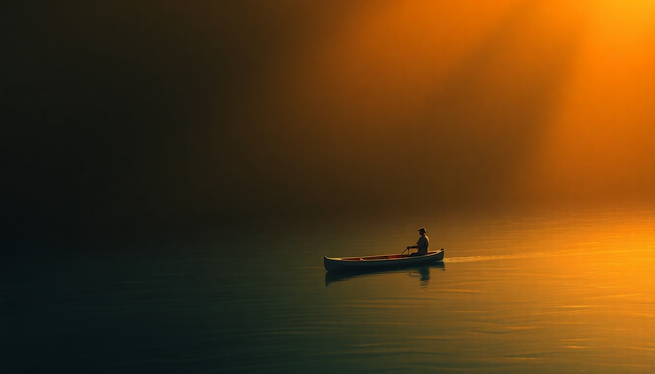A tranquil oil painting of a solitary kayak floating on the Rio Grande, with the rugged canyon walls and warm sunlight creating a nostalgic, cinematic atmosphere.