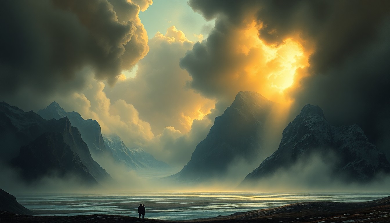 A vast, atmospheric landscape painting in muted tones of gray, blue, and white, capturing the overwhelming scale of extreme weather conditions as they envelop the horizon, with only the faintest silhouettes of structures visible in the distance.