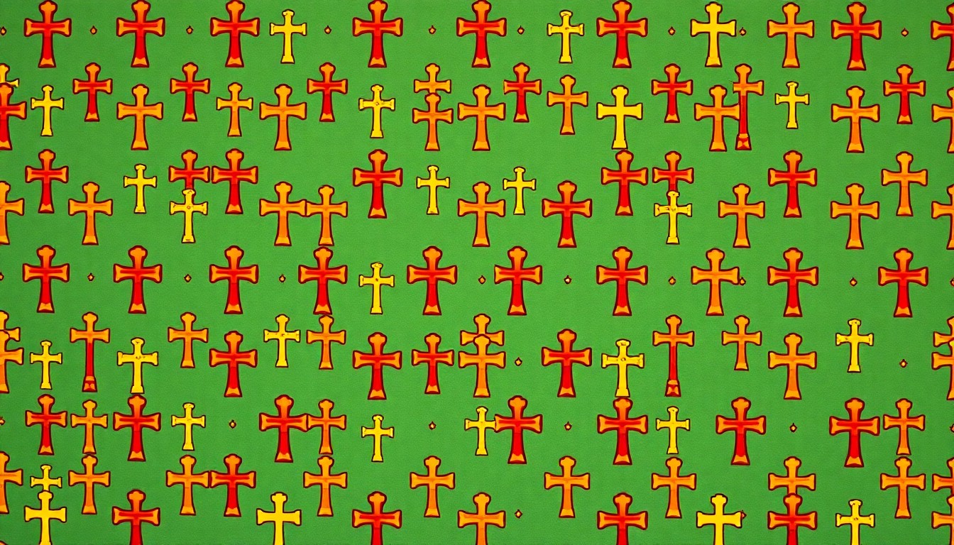 A bold, colorful silkscreen print featuring a repeated Catholic cross icon in a grid pattern, conceptually representing the sacraments of initiation and the community of faith these students are joining.