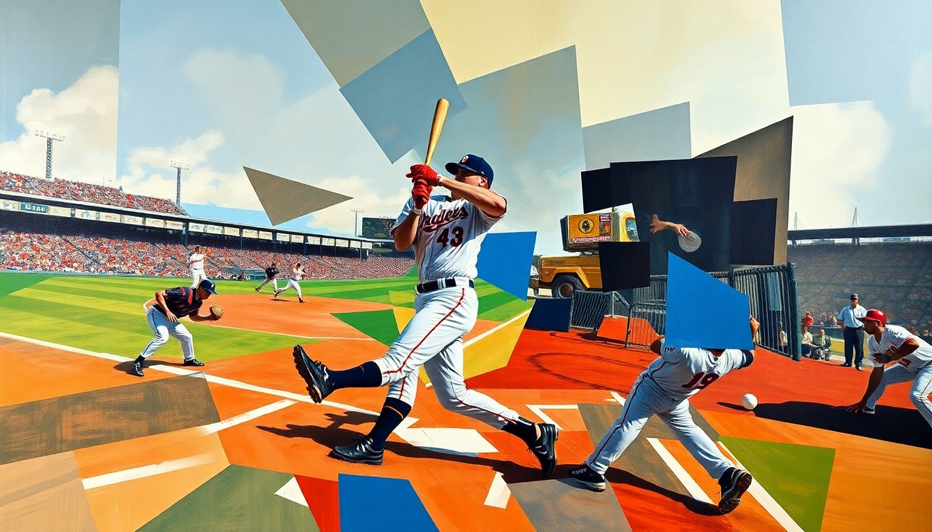 A fragmented, geometric painting depicting the motion of a baseball player's swing, with sharp planes of color and form representing the Giants' deliberate strategy in managing their top prospect's development.