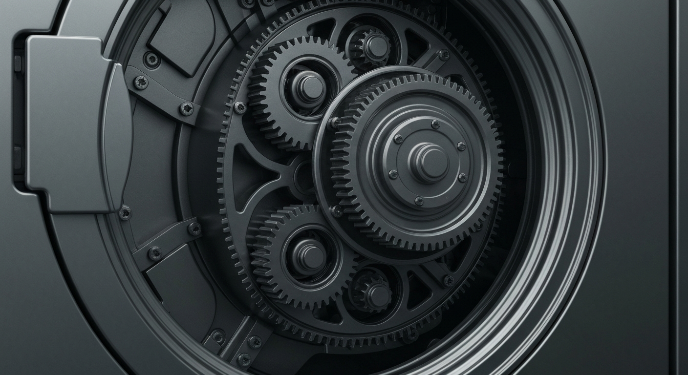 An extreme close-up of the complex inner workings of an industrial washing machine, with gears, pulleys, and metal components filling the frame in a high-contrast, cinematic style that evokes the heavy machinery and financial infrastructure powering Whirlpool's business.