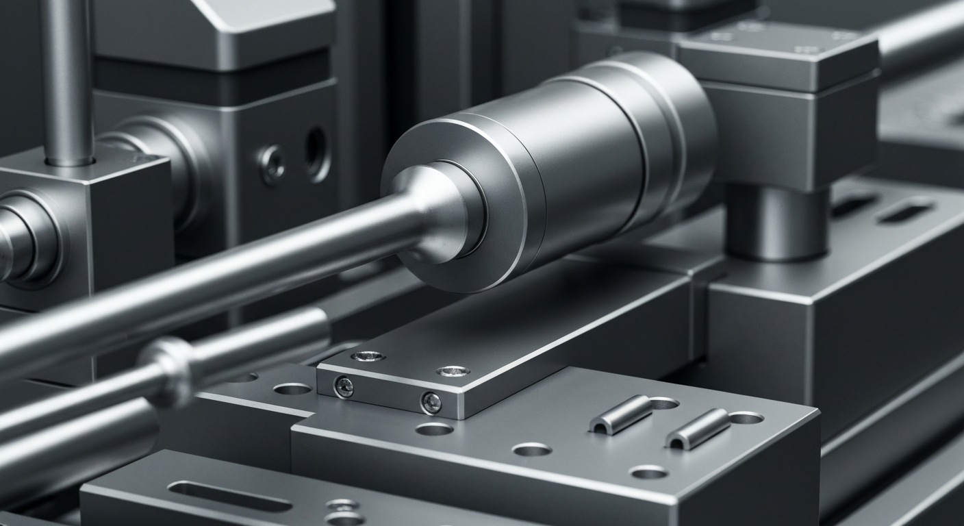 An extreme close-up of highly detailed, industrial-grade medical equipment and tools in muted shades of grey, conveying the advanced technology and precision engineering that defines Globus Medical's products.