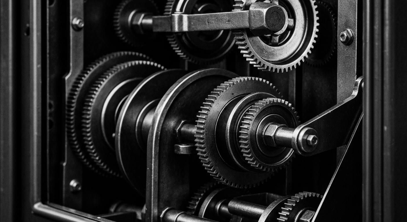 A high-contrast black and white close-up of the complex gears, springs, and metal components inside a vintage Coca-Cola vending machine, conveying the brand's enduring strength and reliability through its physical infrastructure.