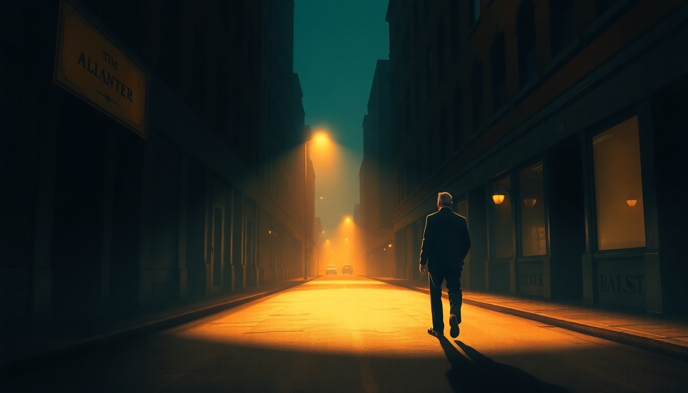 A cinematic painting of a lone figure walking down a shadowy urban street, the warm sunlight casting deep shadows across the scene, conceptually representing the independent candidate's bid to rise above partisan divisions.