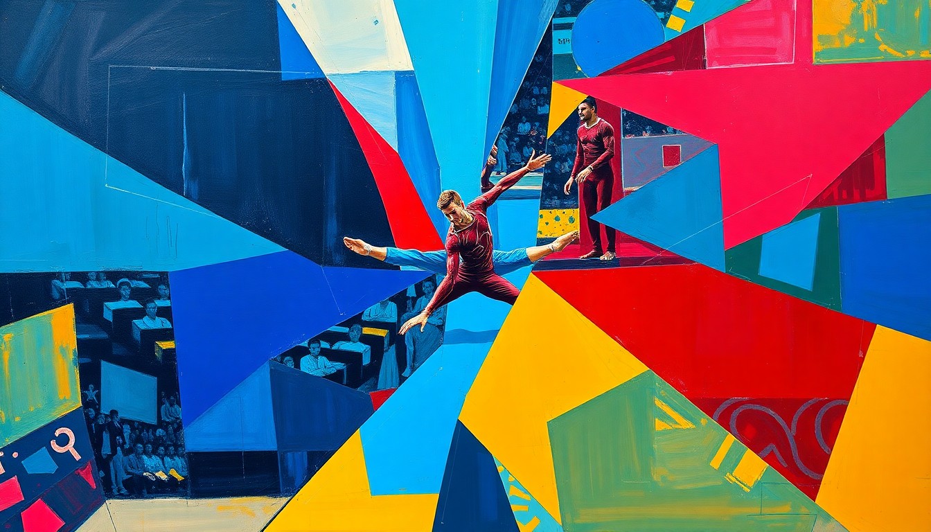 A cubist, geometric painting depicting a men's gymnastics competition, with overlapping planes of color and movement, capturing the dynamic energy and tension of the event.