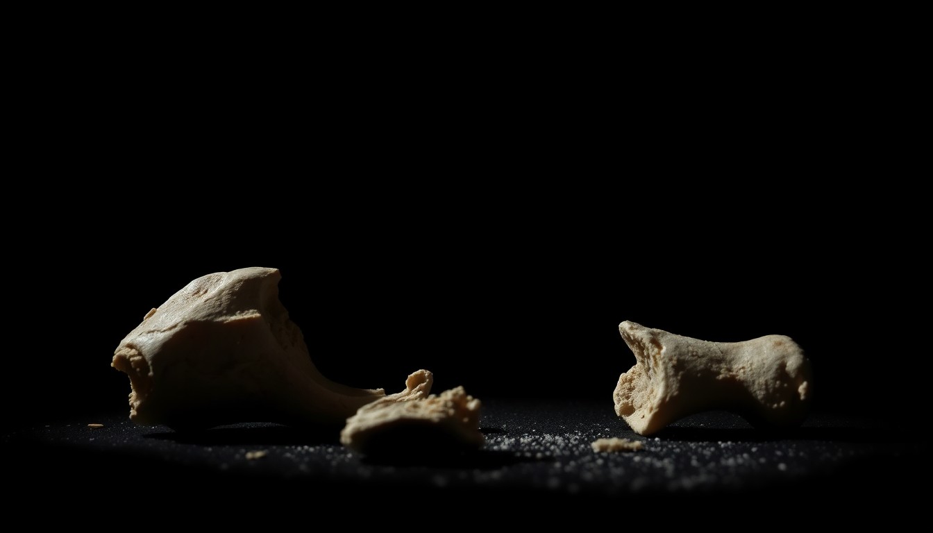 An extreme close-up photograph of a dismembered human bone, lit by a harsh, direct camera flash against a pitch-black background, conveying a stark, gritty, and investigative aesthetic.