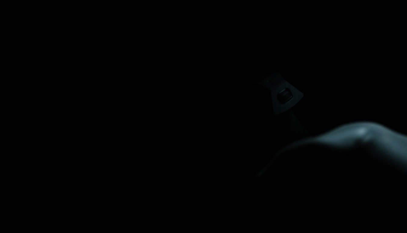 An extreme close-up of a handgun magazine, its metallic surface and grooves dramatically illuminated against a pitch-black background, conceptually representing the stark evidence at the center of a violent crime investigation.