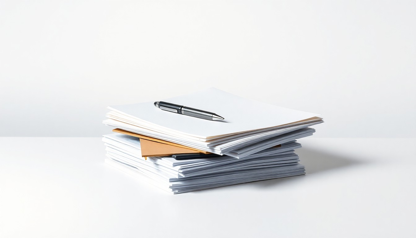 A high-end, photorealistic studio still-life photograph featuring a stack of neatly arranged office supplies and documents, including a pen, a calculator, and a folder, all set against a clean, monochromatic background, conceptually representing the impact of a major company's departure on the local economy.