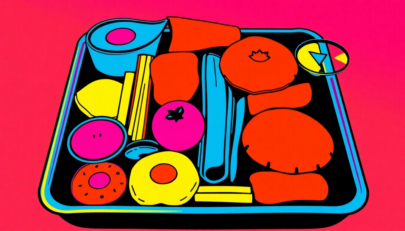 A brightly colored, high-contrast silkscreen-style illustration featuring a repeating grid pattern of a school lunch tray with various food items, conceptually representing the importance of affordable school meals.