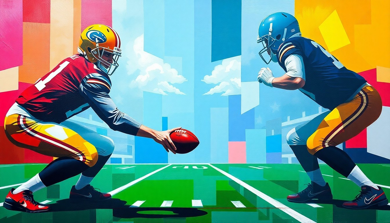 A fragmented, multi-angled painting depicting a football player in the act of long snapping, with the ball and player's uniform broken down into sharp, overlapping geometric shapes and planes of vibrant colors.