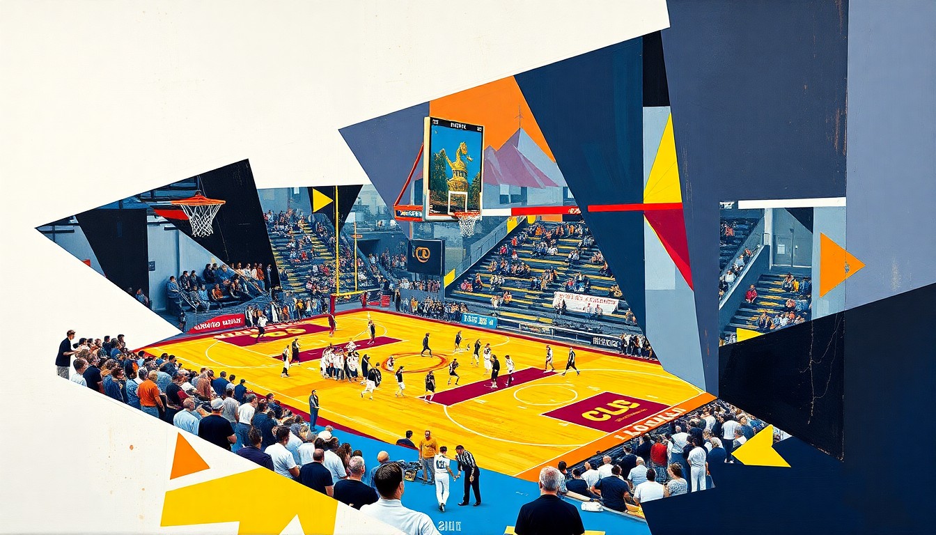 A fragmented, geometric painting in the style of Pablo Picasso, using sharp planes and angles to deconstruct a college sports scene into an abstract representation of athletic energy and team spirit.