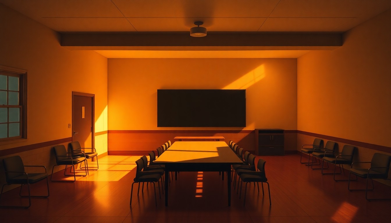 A dimly lit, cinematic painting of an empty school board meeting room, with warm sunlight streaming in through the windows and deep shadows covering much of the space, creating a contemplative and nostalgic mood.