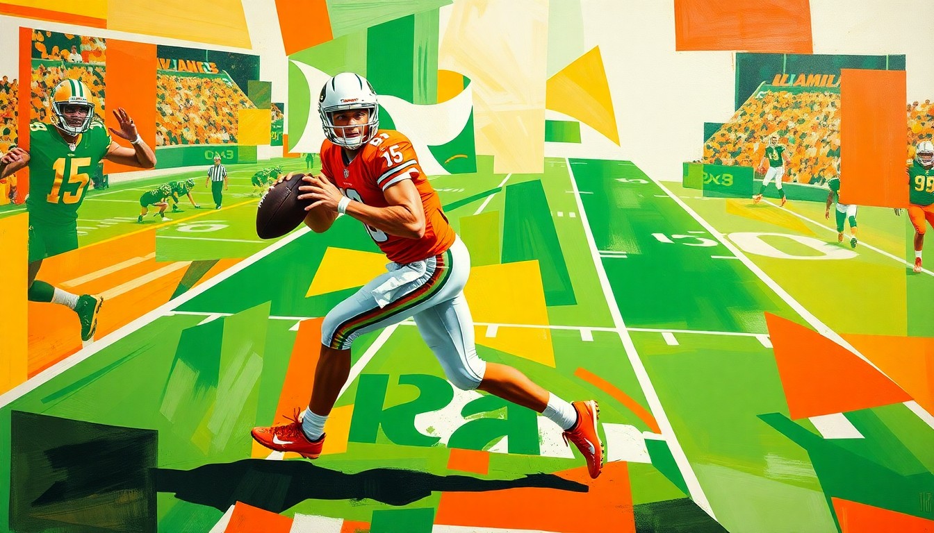A fragmented, geometric painting depicting a Miami Hurricanes quarterback in motion, with sharp planes of orange, green, and white conveying the dynamism and potential of the team's new offensive leader.