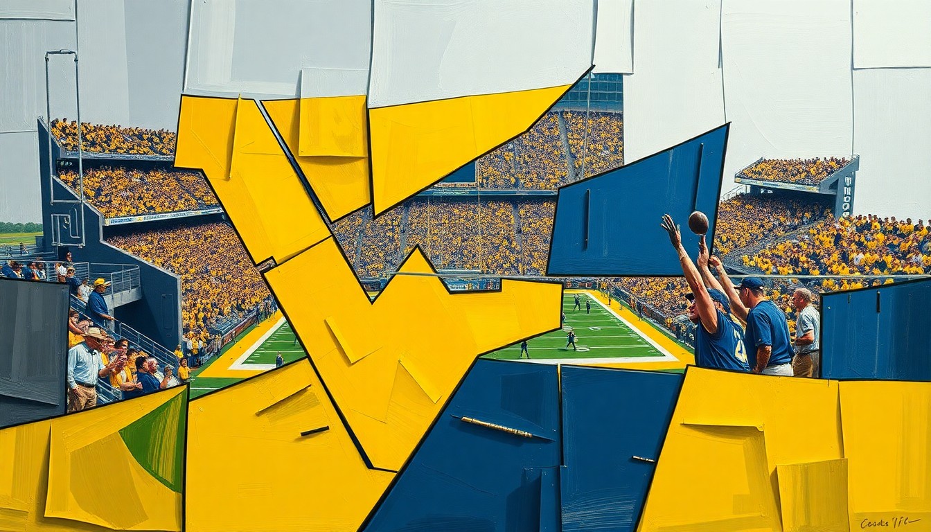 A fragmented, geometric painting depicting a West Virginia football practice or game, with players and the field broken down into overlapping angular shapes in the team's gold and blue colors.