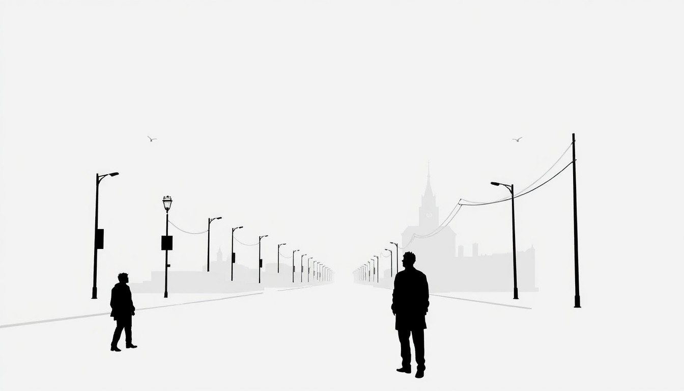 A bold, graphic black and white illustration featuring abstract, jagged shapes and silhouettes representing the empty streets and landmarks shown in the Remain music video, conveying a sense of isolation and restless searching.