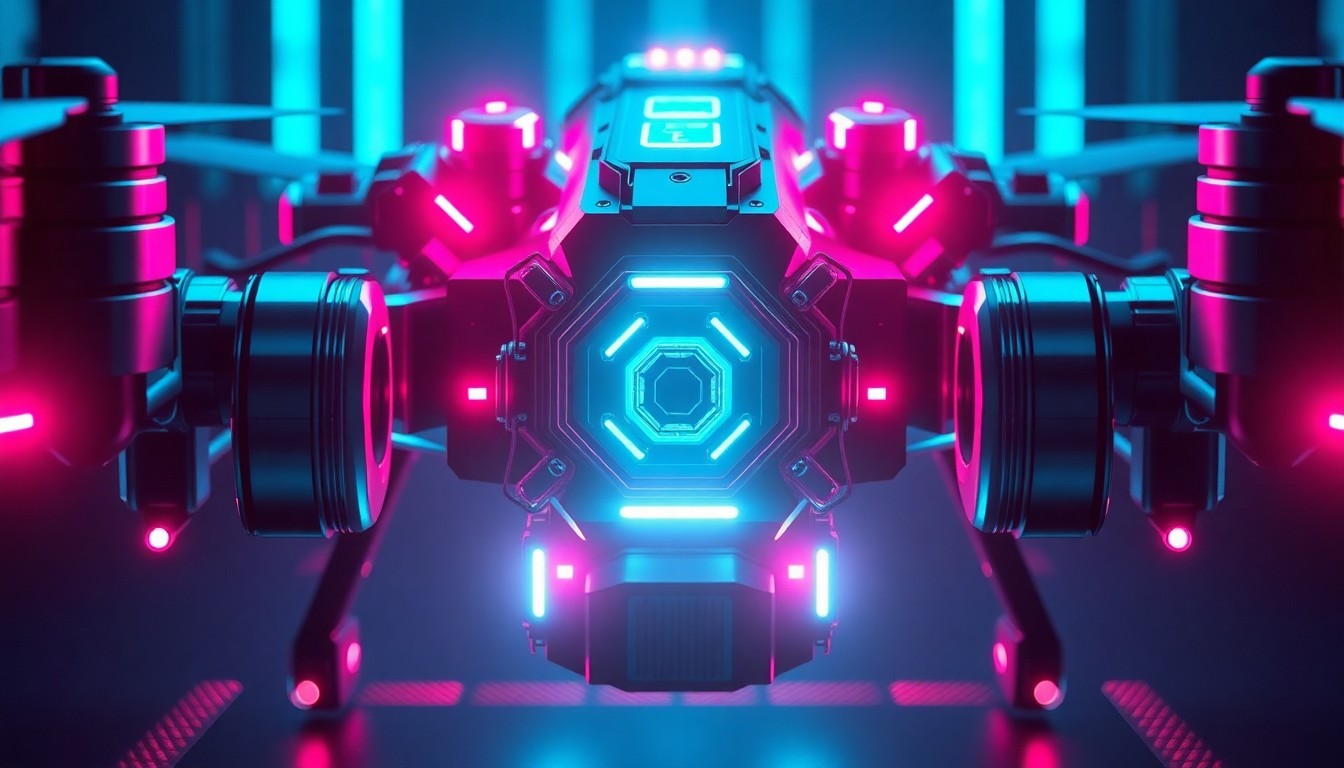 A highly detailed, glowing 3D macro illustration of a futuristic military drone or autonomous weapon system, with neon cyan and magenta lights illuminating the complex cybernetic hardware, conceptually representing the technological and ethical challenges of autonomous lethal AI.