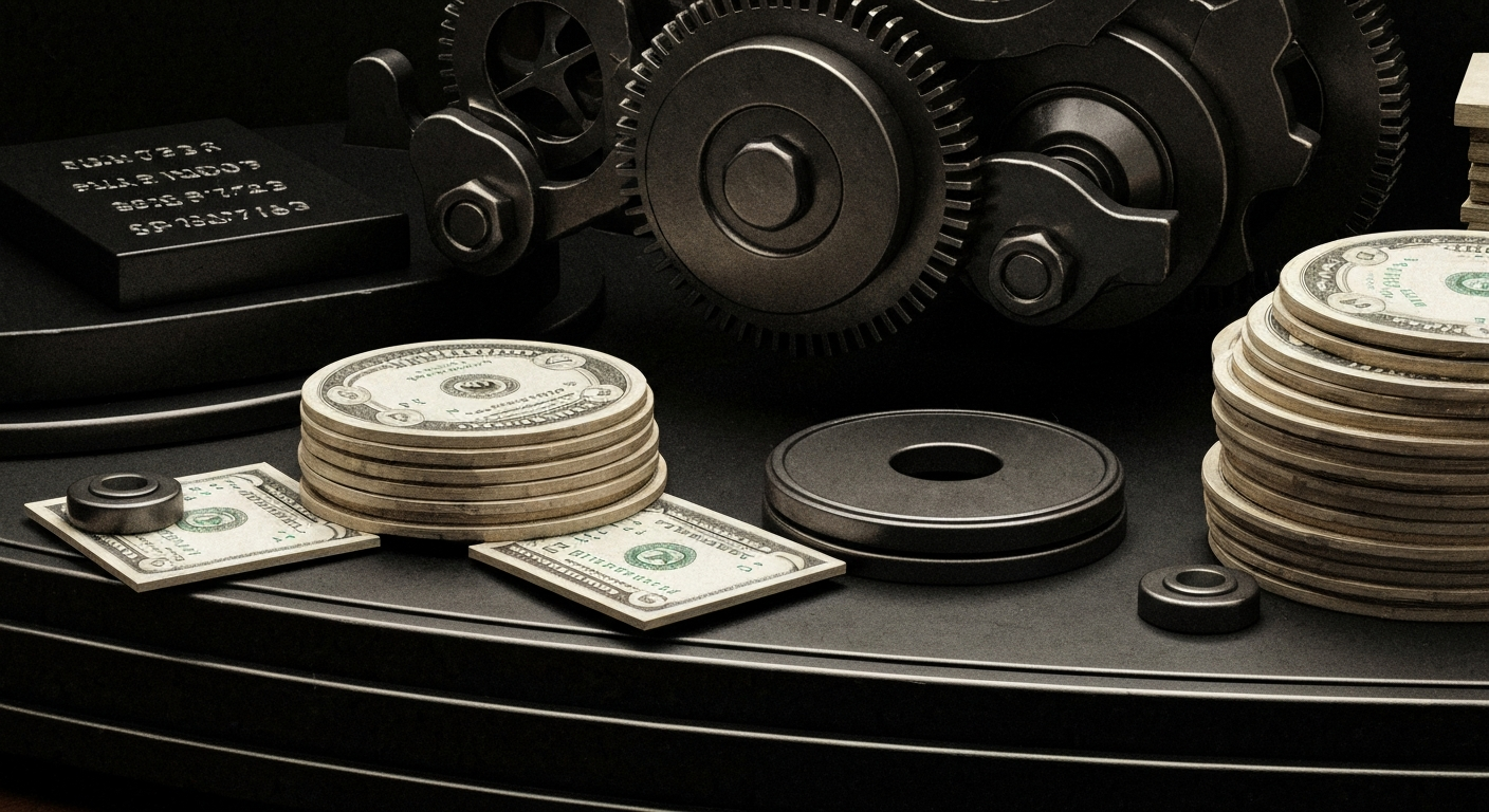 An extreme close-up of gears, levers, and other industrial banking machinery, conveying the tangible, physical nature of the financial systems powering the growth of crypto payments.