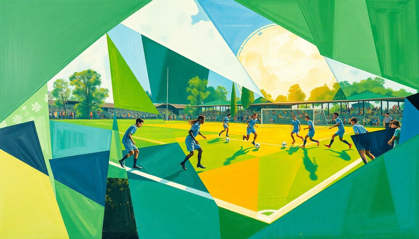 A fragmented, geometric painting in shades of green, blue, and white, capturing the dynamic movements and energy of a high school soccer game.