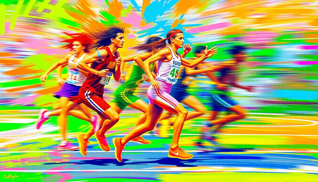 An abstract expressionist painting featuring blurred, neon-colored figures in motion, capturing the raw energy and movement of high school track and field competition.