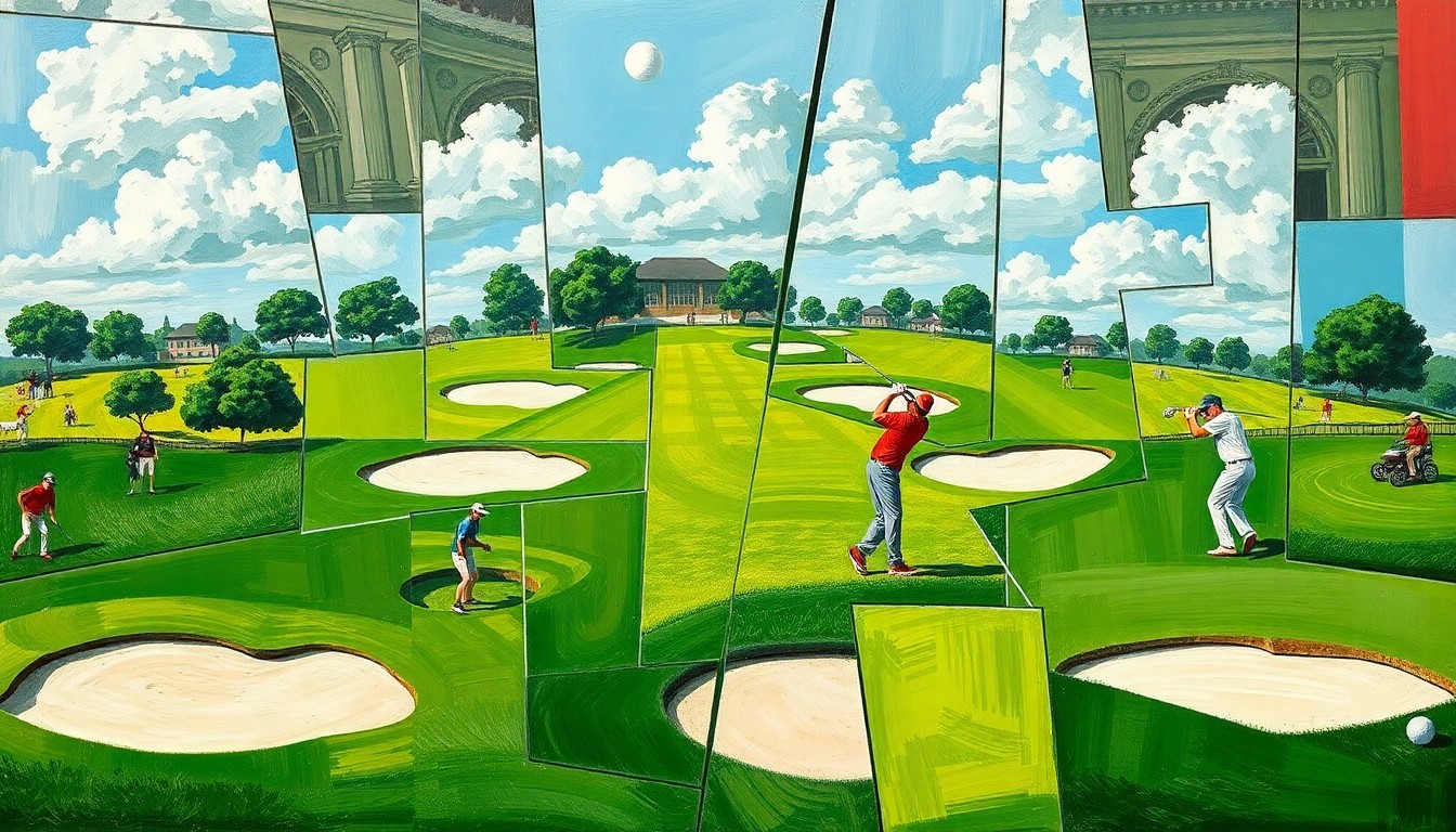 A cubist, geometric painting depicting a fragmented college golf tournament, with overlapping planes of green fairways, sand traps, and players swinging their clubs, conveying the competitive energy and skill of the semifinalists.