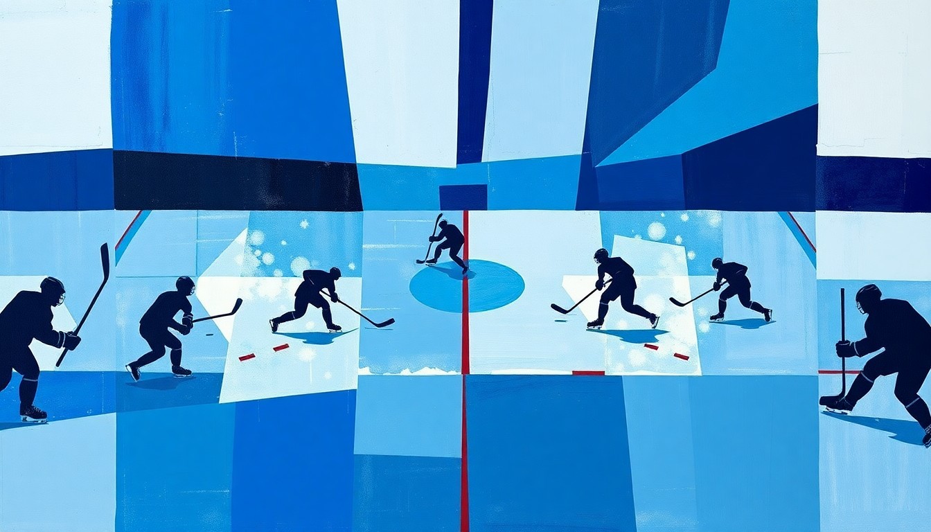 A fractured, cubist-style painting depicting the chaotic energy of a hockey game, with overlapping geometric shapes in shades of blue representing the players, puck, and ice.
