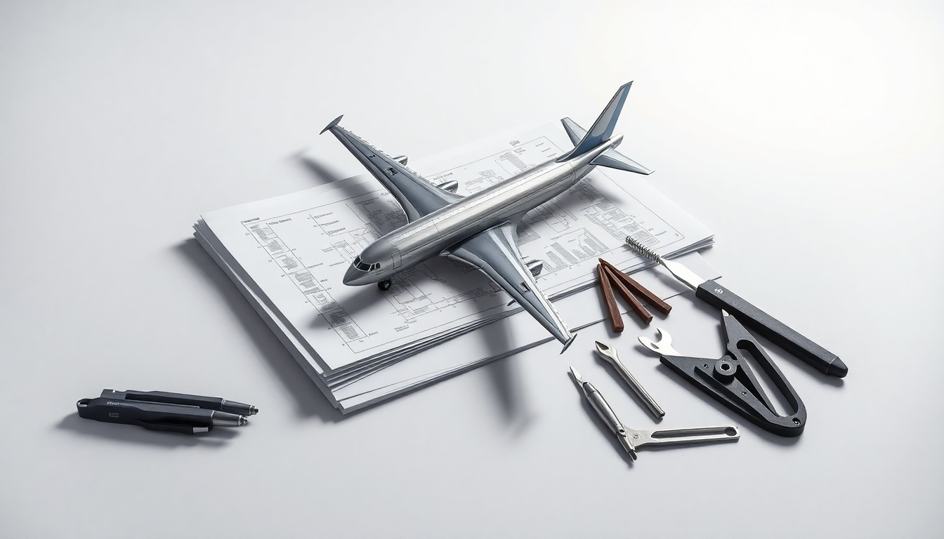 A photorealistic studio still life featuring a polished metal airplane model, engineering blueprints, and precision tools, conceptually representing Boeing's advanced manufacturing capabilities.