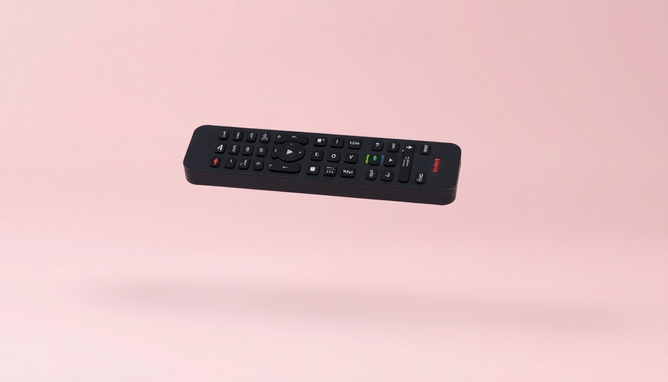 A photorealistic studio still-life image featuring a single, elegant remote control floating on a clean, monochromatic background, symbolizing the abstract corporate strategy and market shifts facing Netflix.