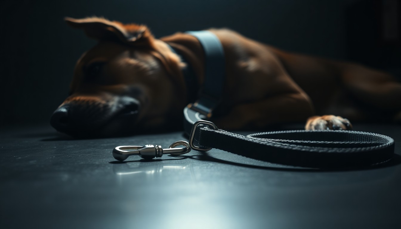 An extreme close-up photograph of a service dog's collar and leash lying on a dark surface, the harsh lighting creating a stark, gritty, investigative aesthetic that conceptually represents the loss and violation experienced by the victim.