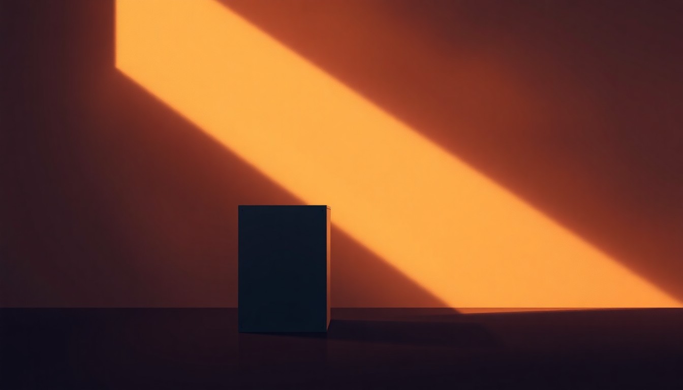 A photorealistic painting of a lone ballot box sitting on a wooden table, with warm sunlight streaming in through a window and casting deep shadows across the scene, conveying the solemn gravity of the electoral process.