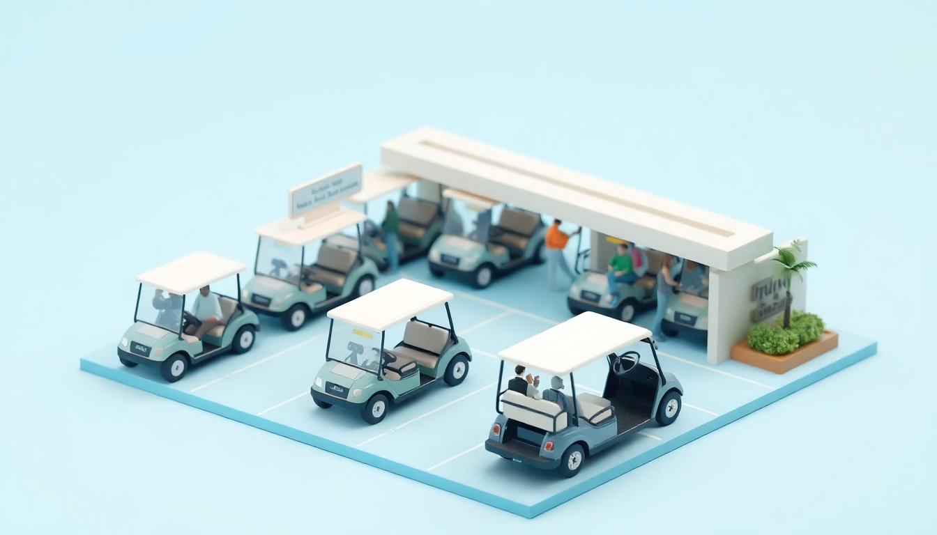 A miniature, stylized 3D diorama depicting a group of golf carts lined up at a transportation hub, with people waiting to board. The scene uses a clean, modern aesthetic with soft lighting and bold colors to represent the logistical preparations for the NFL Draft in Pittsburgh.