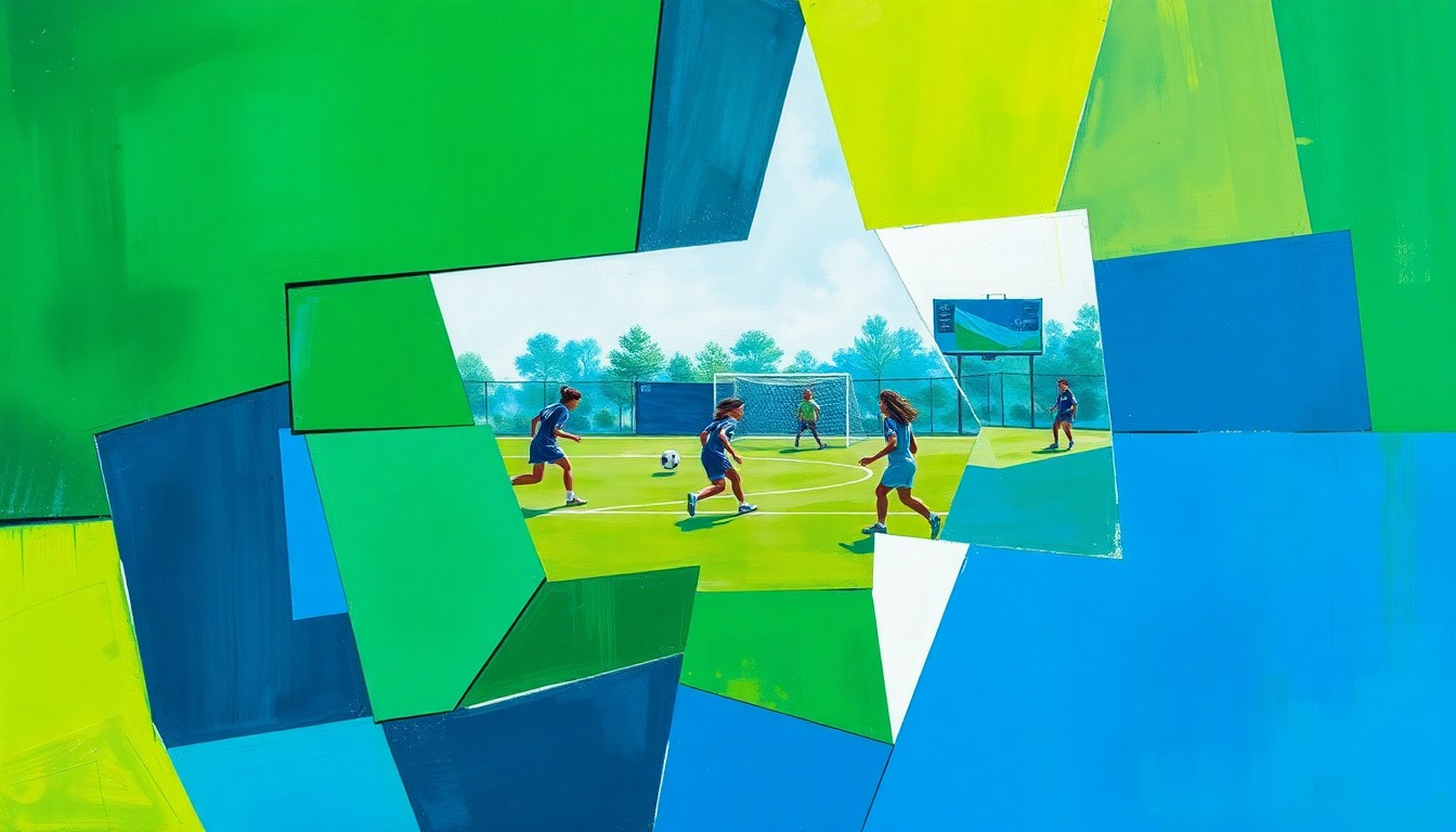 A fragmented, geometric painting depicting the movements and dynamics of a girls' soccer game through sharp, overlapping planes of color.