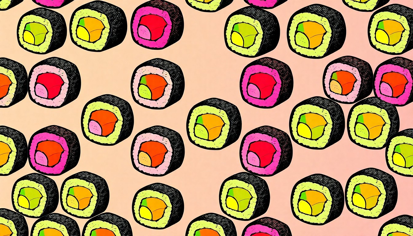 A bold, abstract silkscreen print featuring a repeated pattern of a single, iconic sushi roll in a grid of neon-bright colors and heavy black outlines, conceptually representing the upcoming arrival of Kura Revolving Sushi Bar in Charlotte.