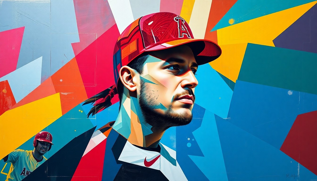 A Cubist-style painting featuring fragmented geometric shapes and planes of color representing different aspects of Garret Anderson's baseball career with the Los Angeles Angels, including his hitting, fielding, and championship-winning moments.