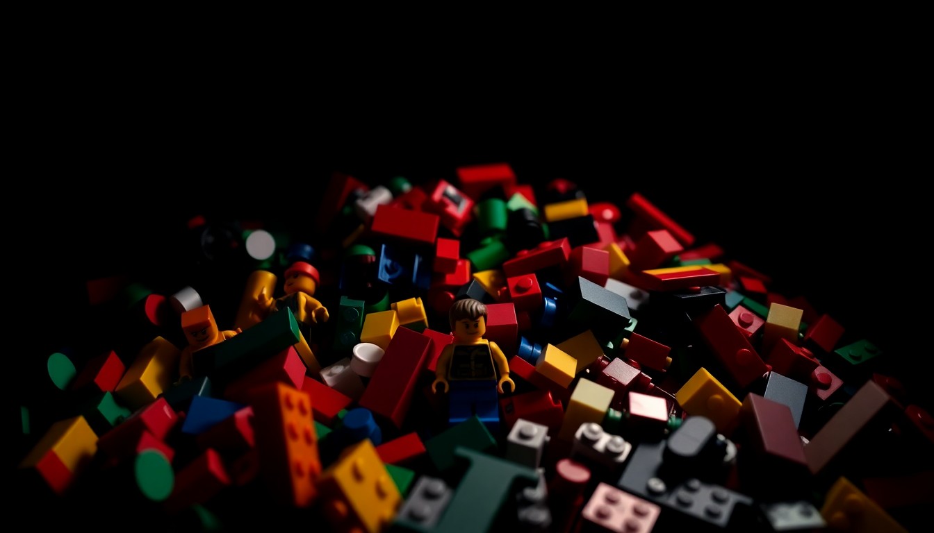 An extreme close-up of a pile of Lego bricks and minifigures, lit by a harsh, direct flash against a dark background, creating a stark, gritty investigative aesthetic.