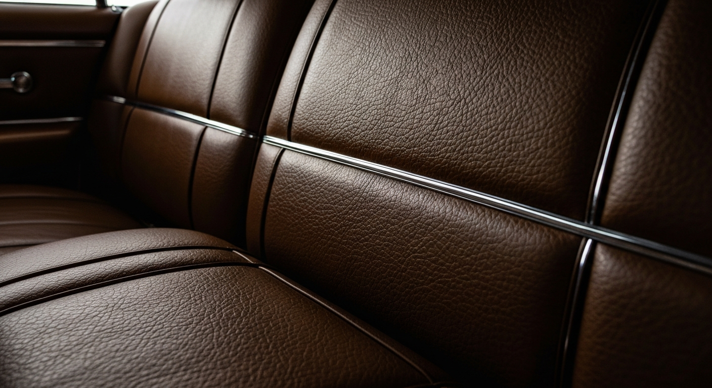 An extreme close-up of the pebbled leather interior of a vintage Chrysler Imperial, showcasing the rich textures and warm tones that convey the craftsmanship and luxury of classic American automobiles.