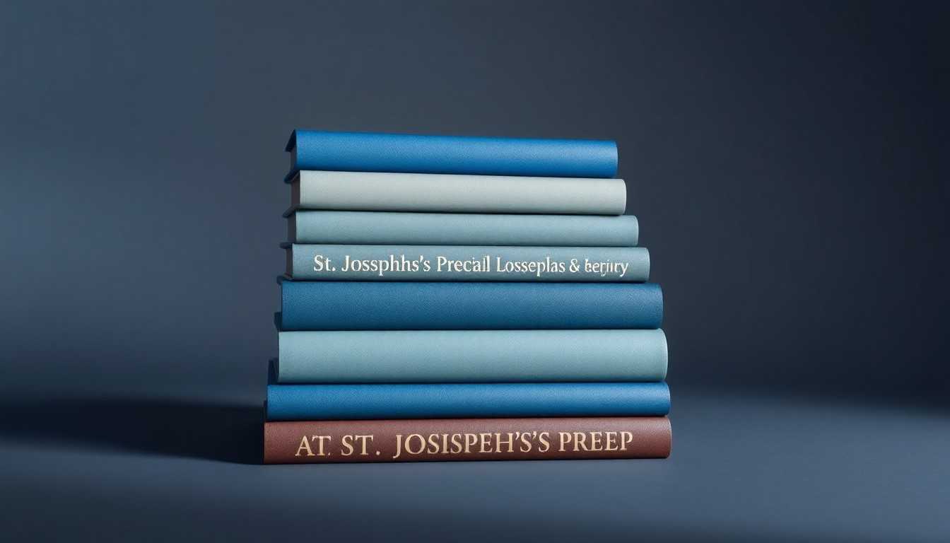 A high-end, photorealistic studio still-life photograph featuring a stack of hardcover books in various shades of blue and gray, representing the academic legacy and future of St. Joseph's Prep. The books are arranged elegantly on a clean, monochromatic seamless background, using sharp, dramatic studio lighting and deep shadows to convey a sense of prestige and permanence.