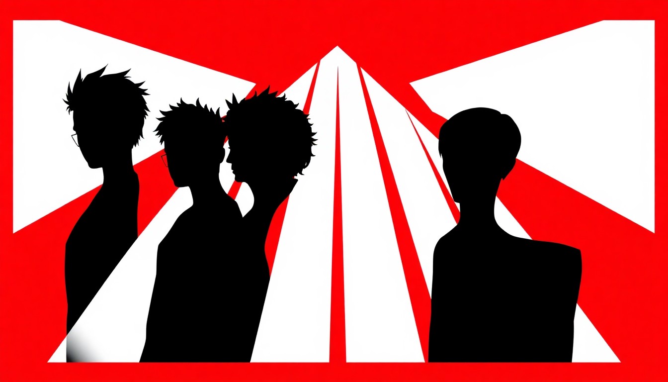 An abstract, minimalist illustration featuring sharp, jagged black silhouettes representing the members of the band WU LYF, set against a high-contrast background of bold red and white shapes, capturing the disappointment and frustration of the tour postponement in a conceptual, non-literal way.