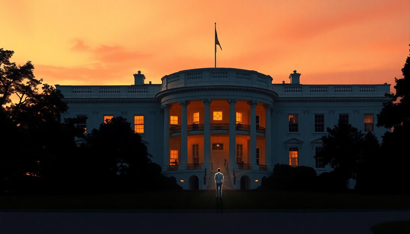 A cinematic painting of the White House at dusk, with warm light and deep shadows creating a contemplative mood around the historic building's architecture.