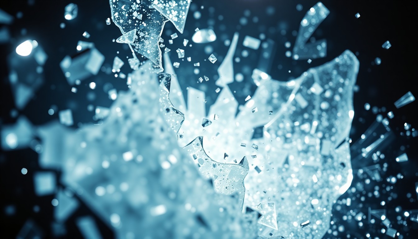 An extreme close-up of shattered glass and glittering sequins in high-contrast studio lighting, conceptually representing the unexpected cultural impact of surprise box office hits.