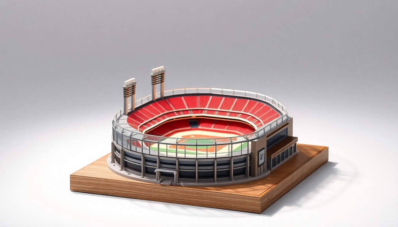 A photorealistic studio shot of a miniature, highly detailed baseball stadium model made from premium materials like metal, glass, and wood, floating on a clean white background and dramatically lit to symbolize the abstract concepts of sports franchise retention, public financing, and urban development.
