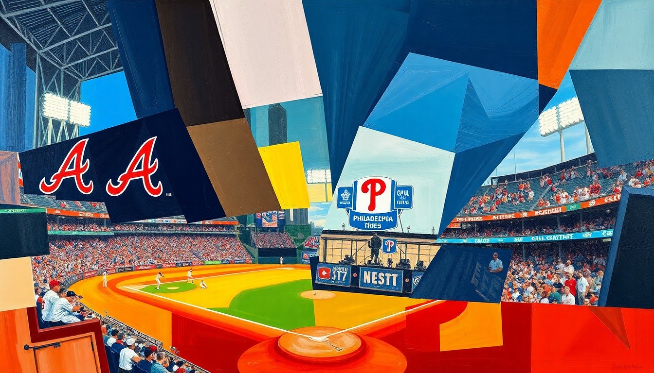 A fractured, multi-perspective painting in bold, overlapping geometric shapes and planes, using the team colors of the Braves and Phillies to capture the energy and intensity of their baseball game.