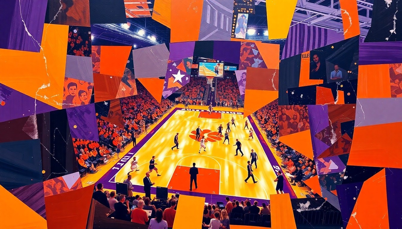 A cubist, geometric painting depicting a basketball game, with sharp planes of orange and purple representing the dynamic action on the court.