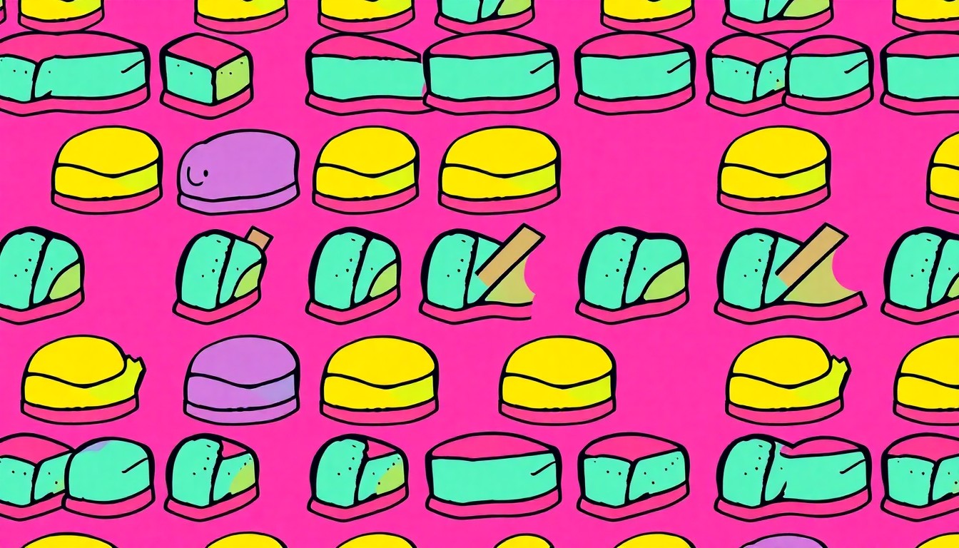 A brightly colored, high-contrast silkscreen print of a dairy-free churro ice cream sandwich repeated in a tight grid pattern, capturing the vibrant and indulgent plant-based offerings at the festival.