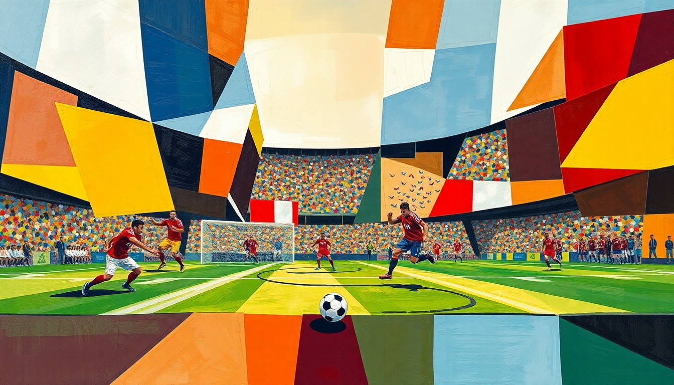 A fractured, geometric painting in vibrant colors depicting a football game or match, with the players and field reduced to abstract shapes and planes, conveying the concept of a journalistic error in identifying players.