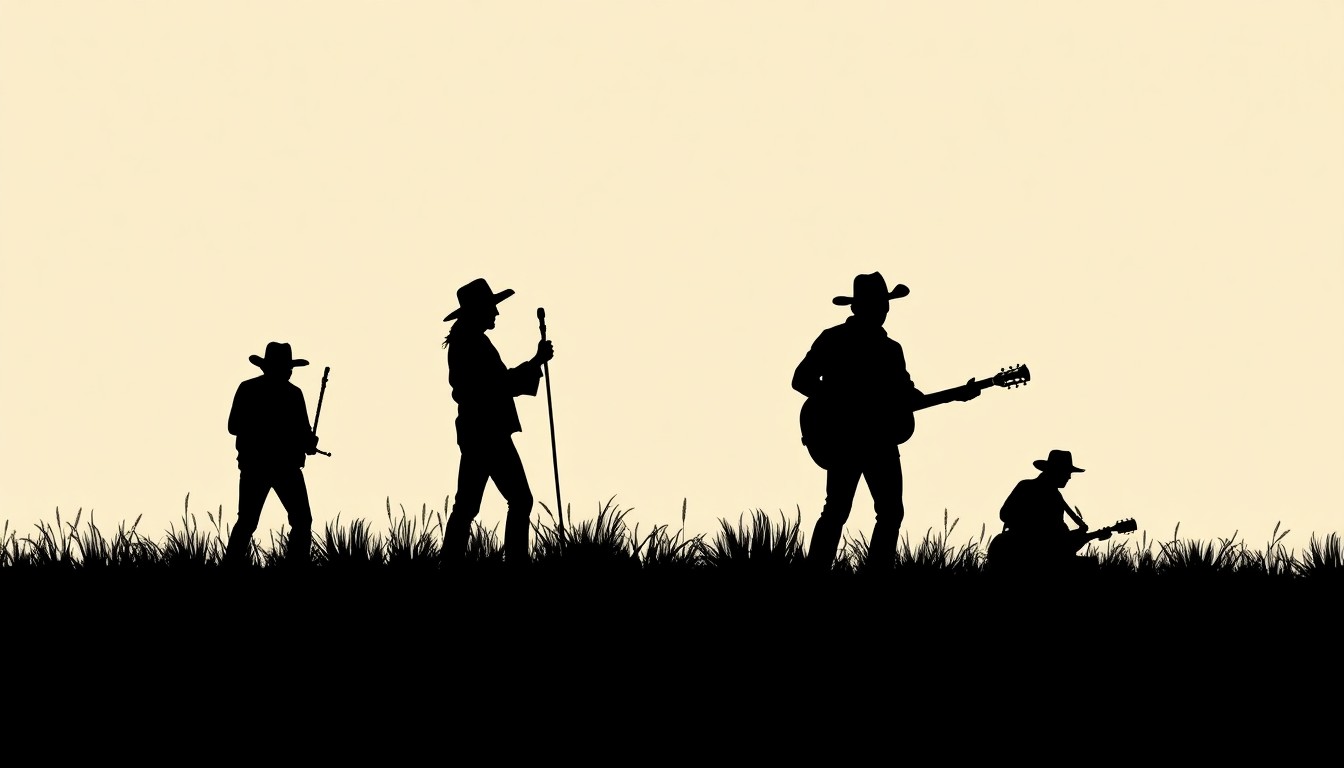 An abstract, minimalist illustration using bold black shapes and high-contrast colors to evoke the timeless spirit of classic country music, conceptually representing the loss of a beloved songwriter.