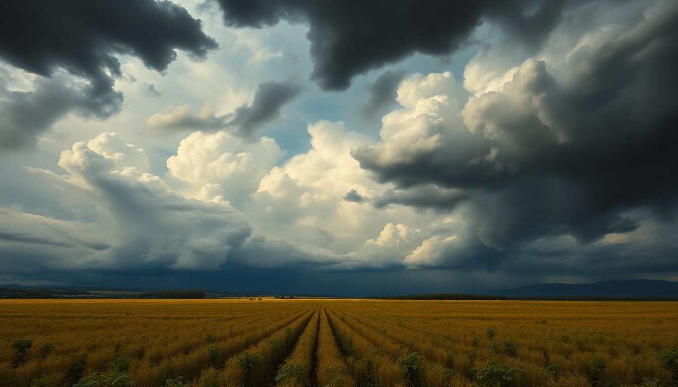 A sweeping, atmospheric landscape painting in muted tones of gray, blue, and green, with a field of potatoes partially obscured by swirling, dramatic storm clouds in the foreground, conveying the overwhelming power of an impending severe weather event.